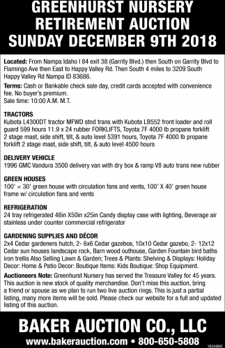 Greenhurst Nursery Retirement Auction Baker Co Llc