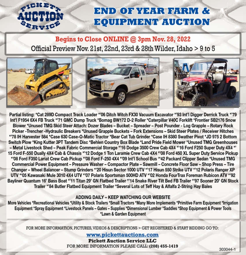 End of Year Farm & Equipment Auction, Pickett Auction Service, Caldwell, ID